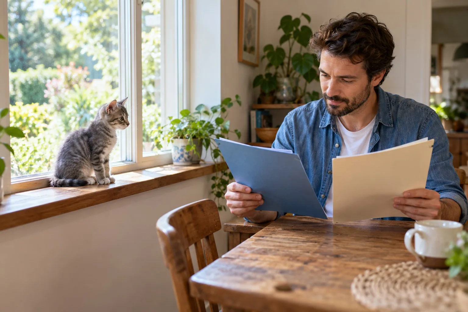 Gray tabby kitten on a windowsill beside an owner comparing folders